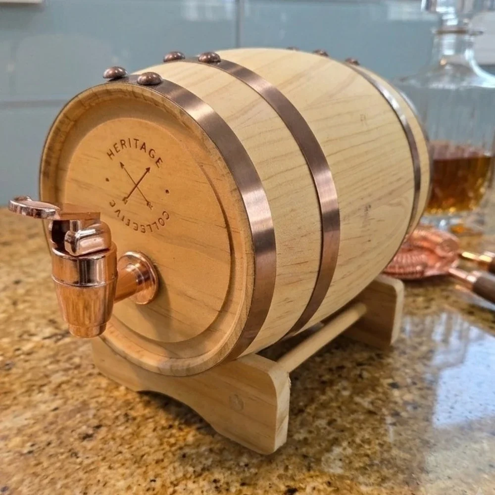 Heritage Collective Wood Whiskey Barrel Dispenser Copper Accents  UNUSED